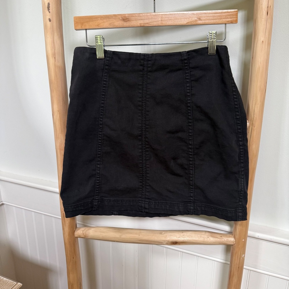 Free People Black Denim Mini Skirt Size‎ 4 Paneled Stretch High Waisted Zip Back